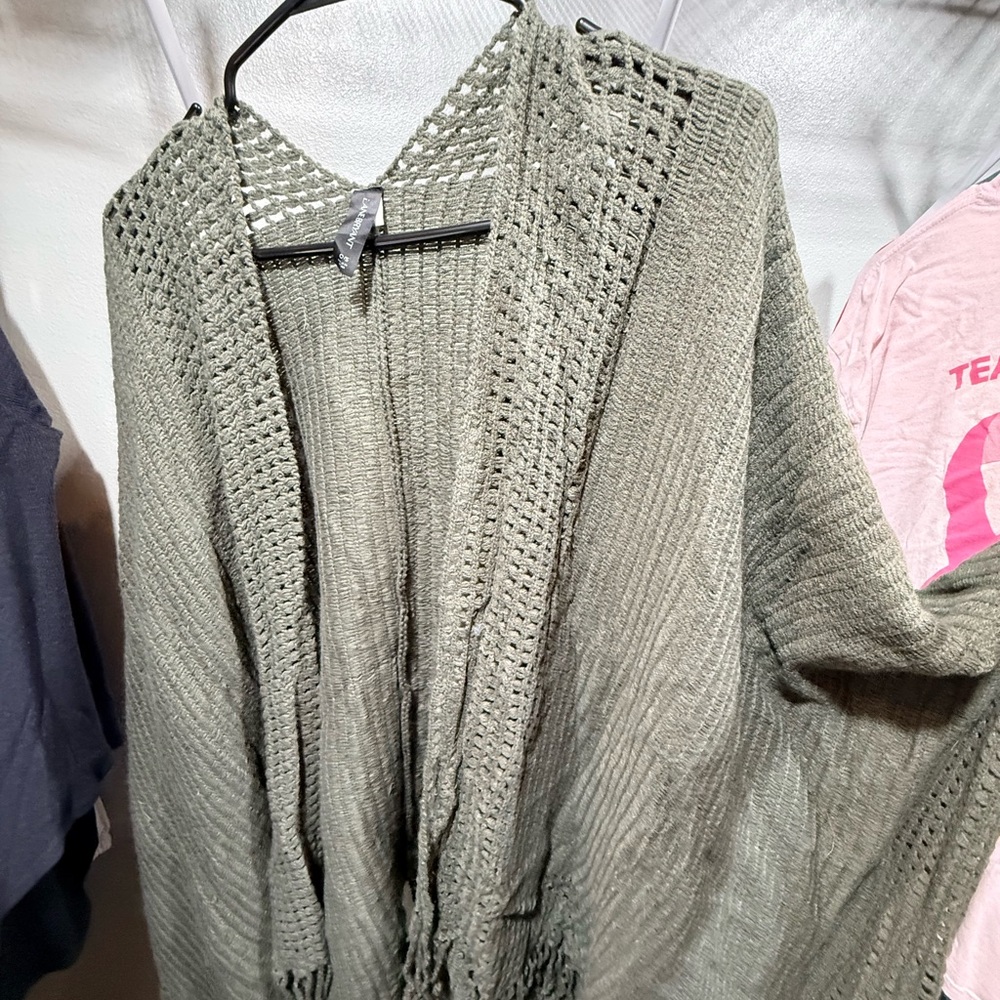 Lane Bryant Olive Knit Cardigan Open Front Fringe Boho OS